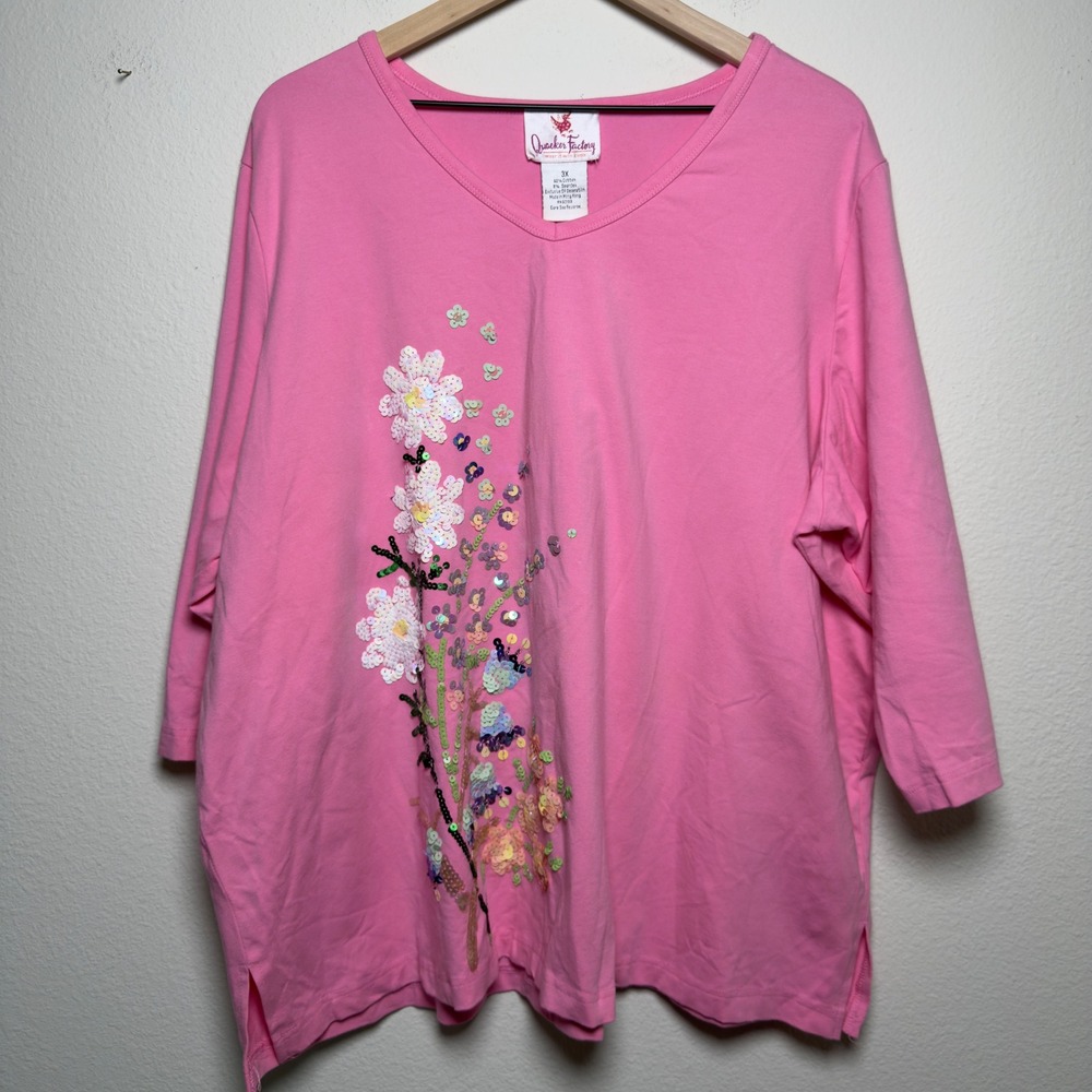Quacker Factory Women Cotton Top 3X Pink Floral Sequin V-Neck 3/4 Sleeve